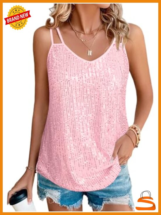 Tops - Sequin Tank Top V Neck Sparkly Party Club Night Disco Concert Outfits